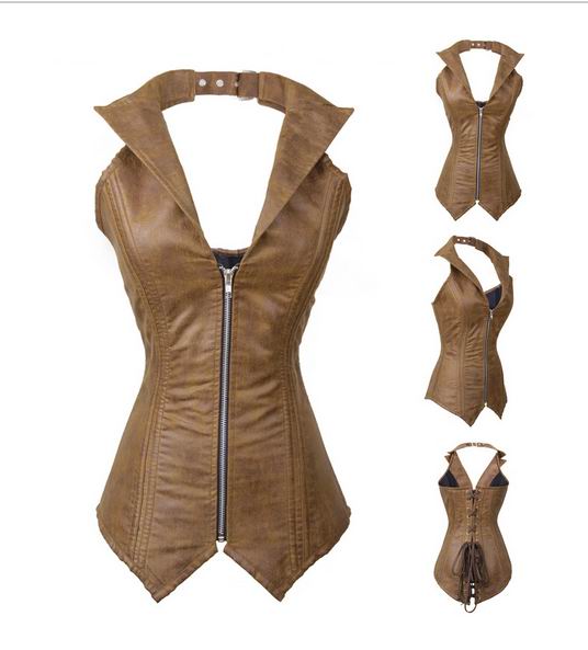 F9067-1 Womens Faux Leather Steampunk Corset Bustier Zip Top Costume Rock Biker